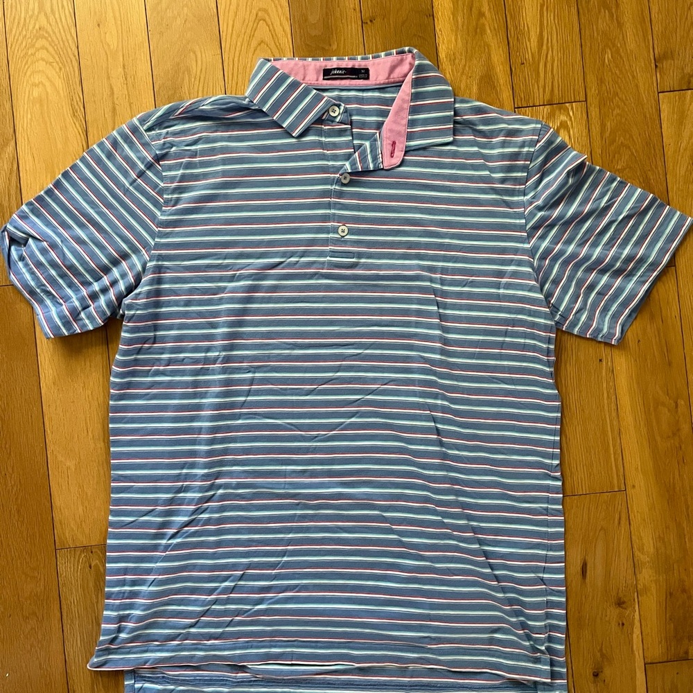 johnnie-O Blue and Pink Striped Polo Shirt